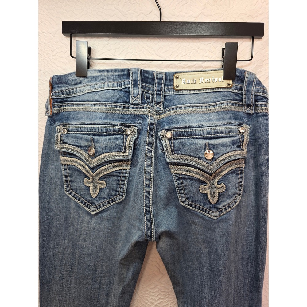 Rock Revival Ashley Straight Easy Jeans Women 30 Blue Good Flap Pocket Embroider